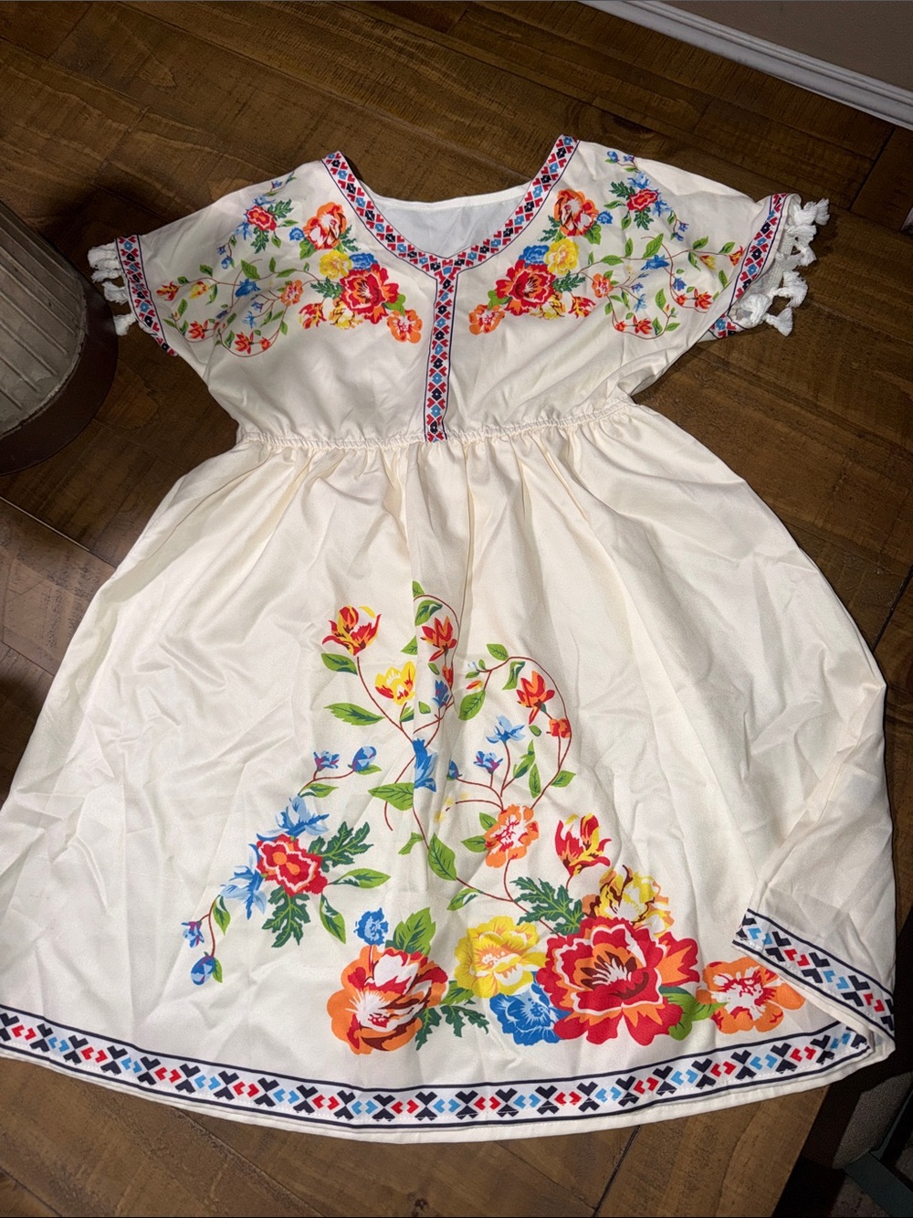 Girls' Cream Floral Embroidered Casual Dress